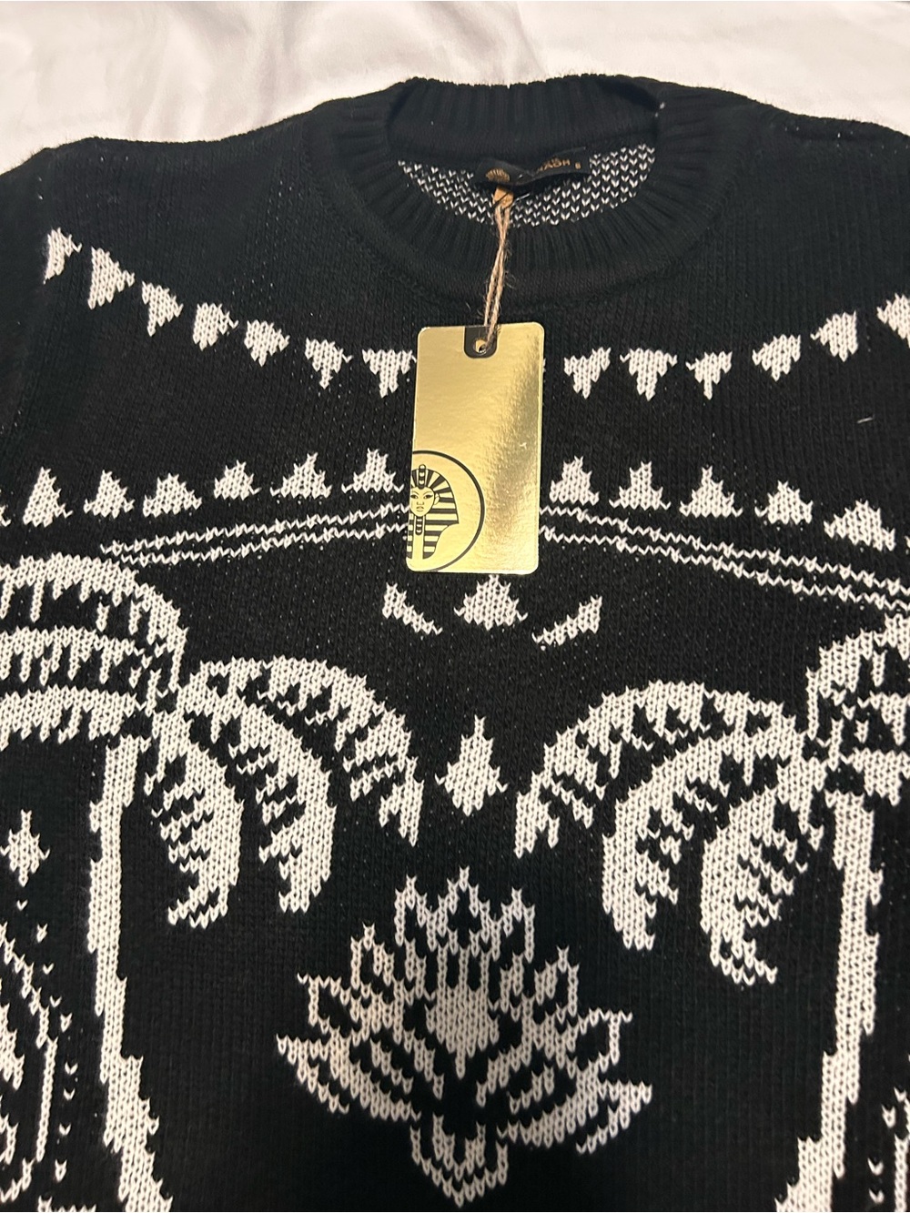 Men's Black Crewneck Sweater with White Pattern - Classic Knit